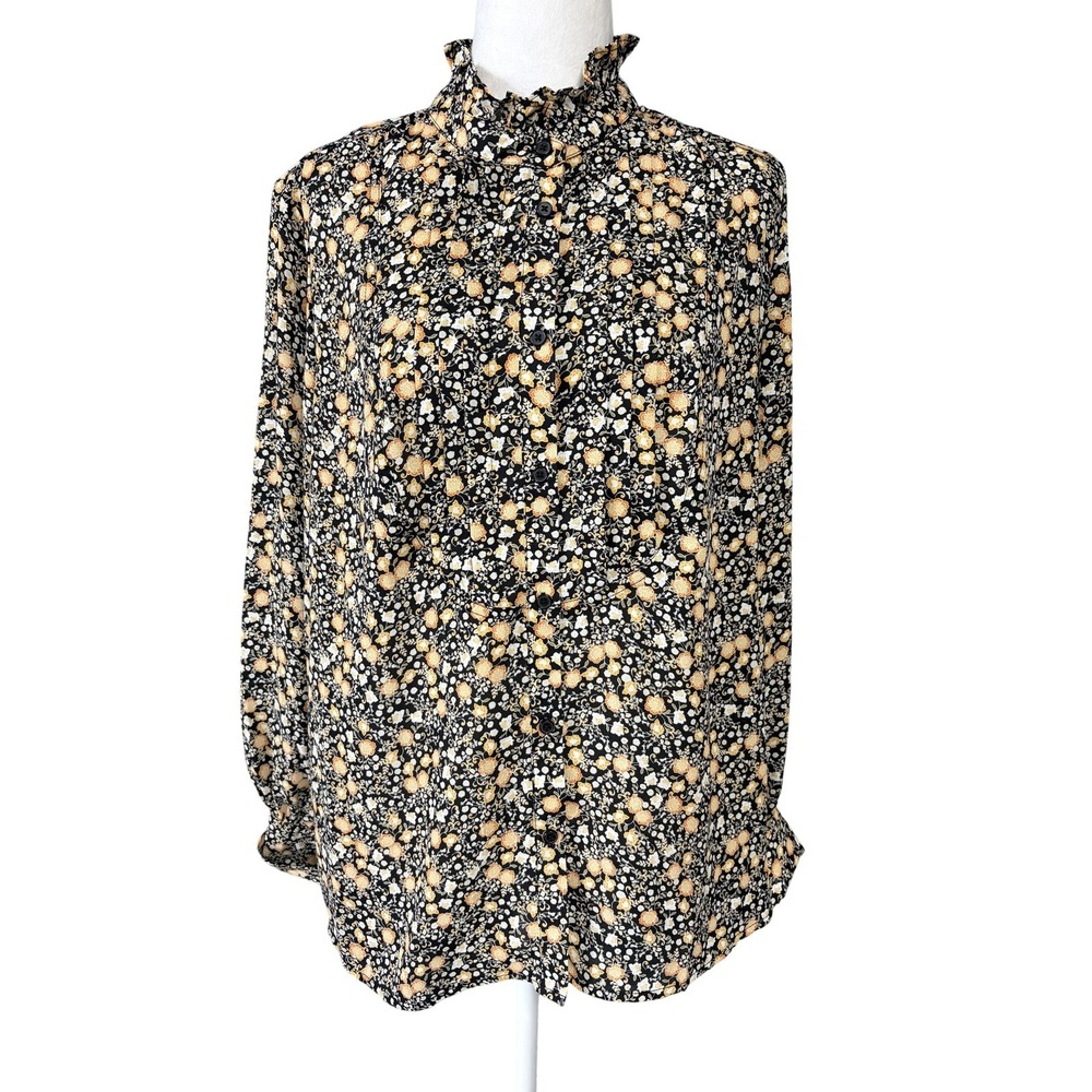 Nili Lotan Blouse Womens XL Black‎ Floral Mock Neck Ruffle Long Sleeve Top